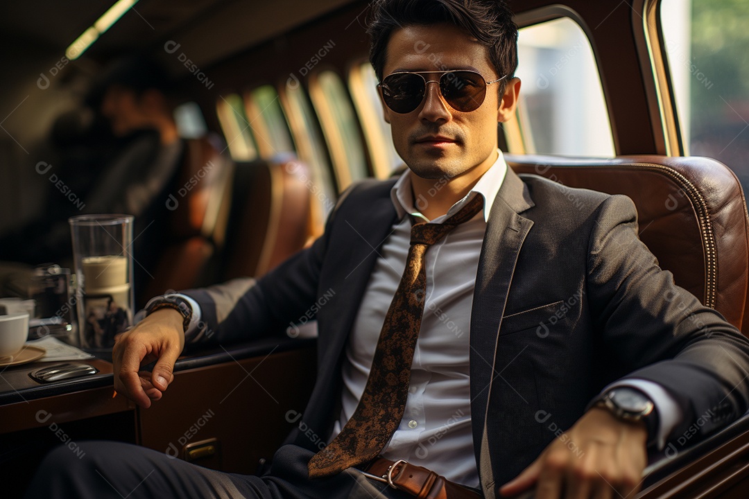 Bem-sucedido, um empresário negro sentado em um avião enquanto segura seu café