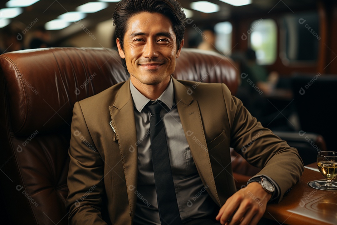 Bem-sucedido, um empresário negro sentado em um avião enquanto segura seu café