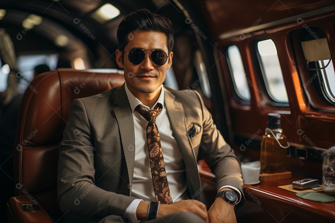 Bem-sucedido, um empresário negro sentado em um avião enquanto segura seu café