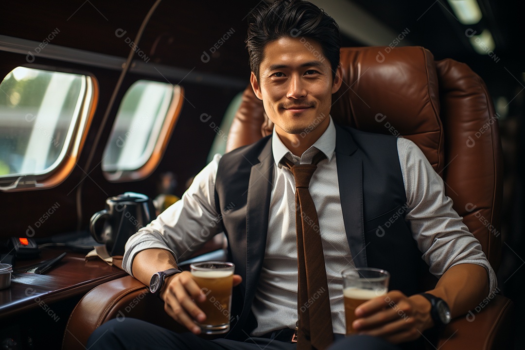 Bem-sucedido, um empresário negro sentado em um avião enquanto segura seu café