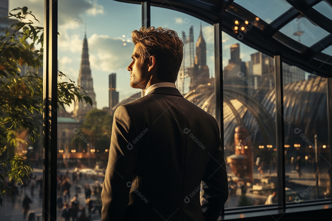 Homem de negócios ativo olhando para a janela do escritório