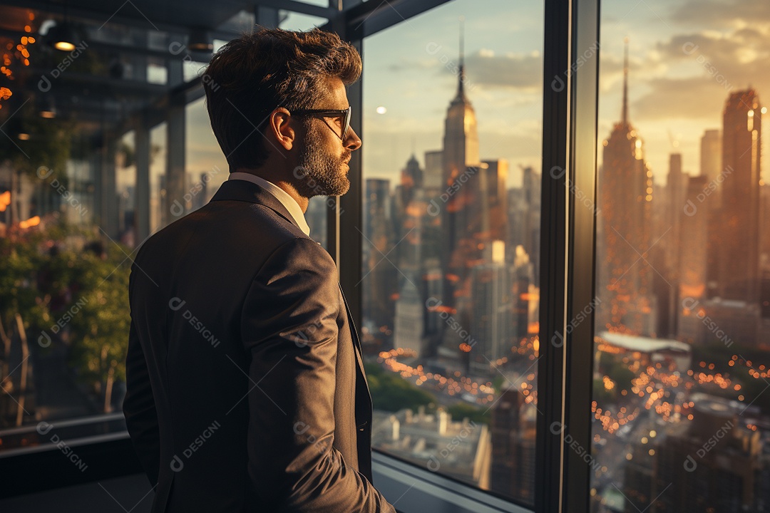 Homem de negócios ativo olhando para a janela do escritório