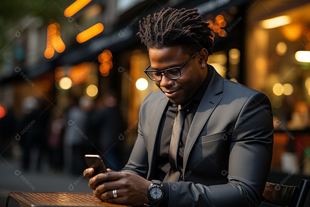 Lindo um homem de negócios negro usando seu smartphone do lado de fora