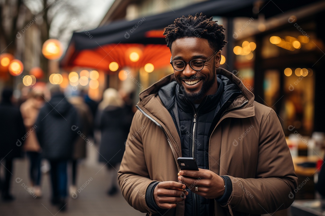 Lindo um homem de negócios negro usando seu smartphone do lado de fora
