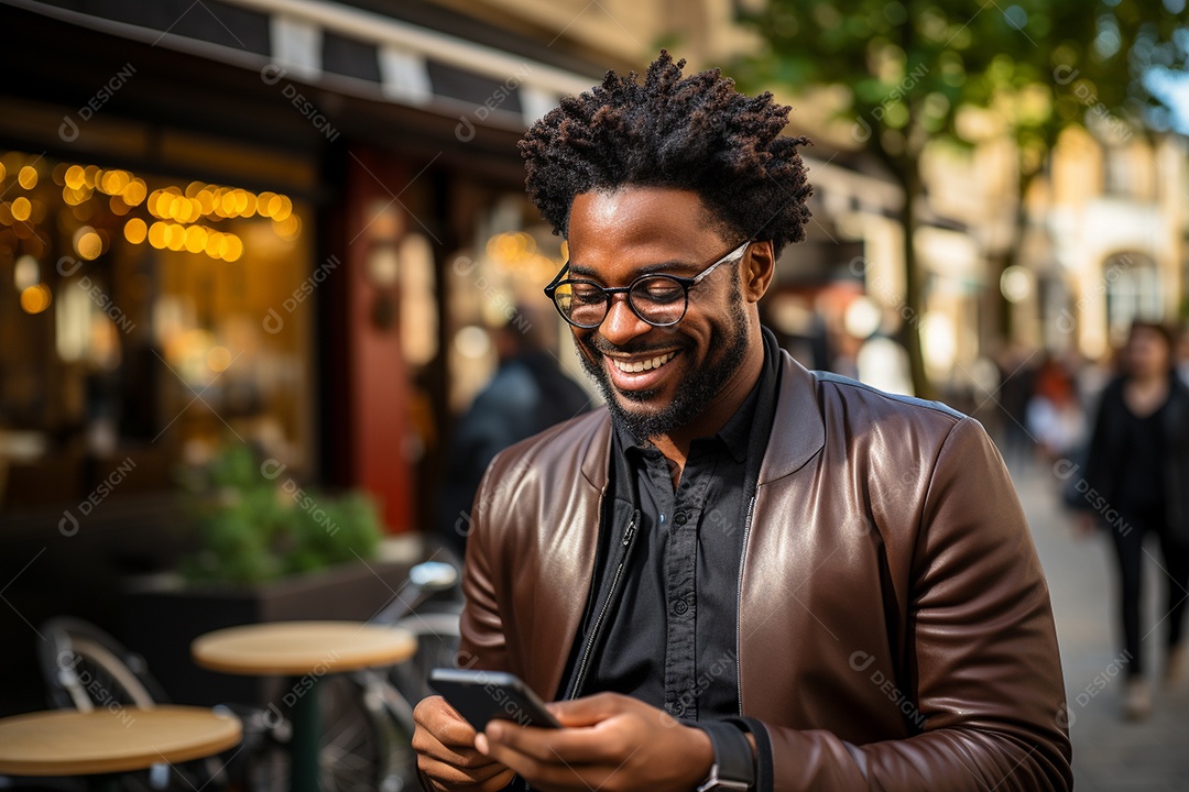 Lindo um homem de negócios negro usando seu smartphone do lado de fora