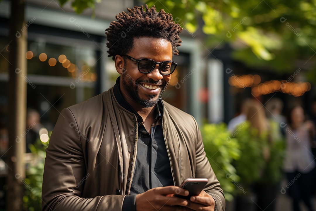 Lindo um homem de negócios negro usando seu smartphone do lado de fora