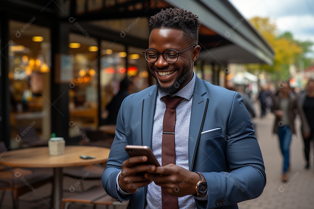 Lindo um homem de negócios negro usando seu smartphone do lado de fora