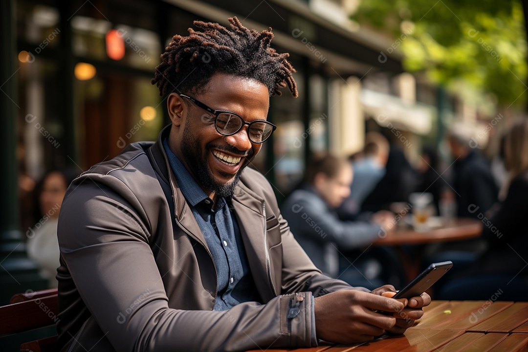 Lindo um homem de negócios negro usando seu smartphone do lado de fora