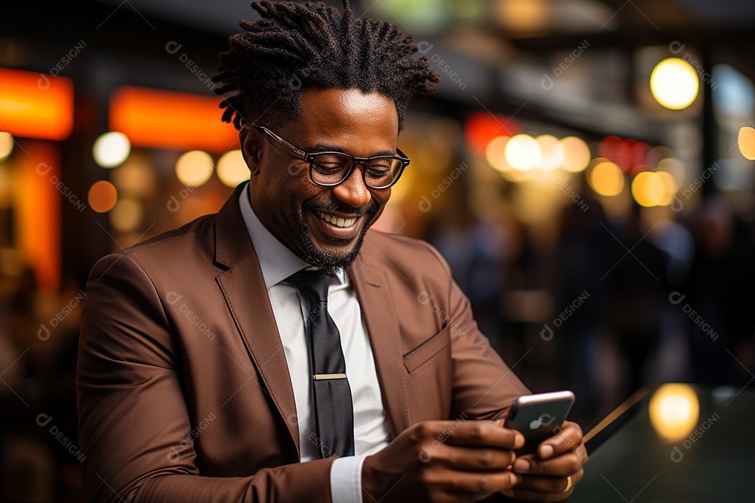 Lindo um homem de negócios negro usando seu smartphone do lado de fora