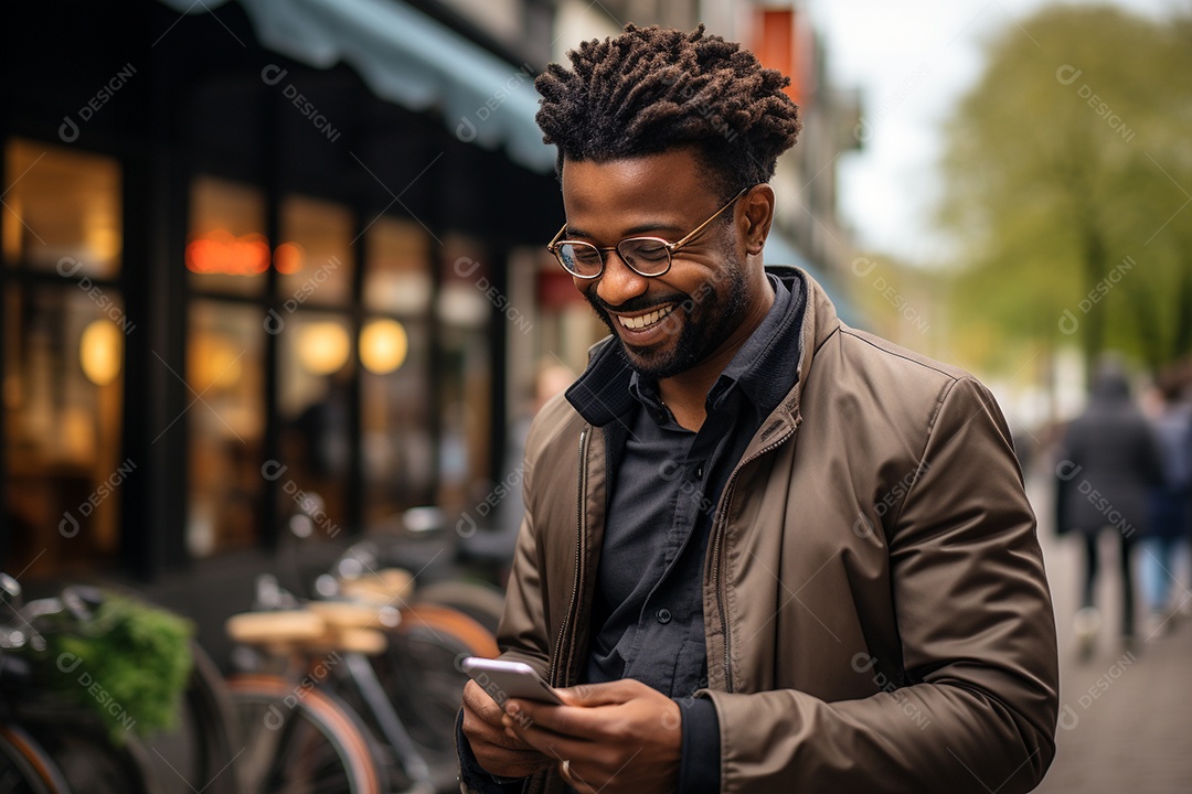 Lindo um homem de negócios negro usando seu smartphone do lado de fora