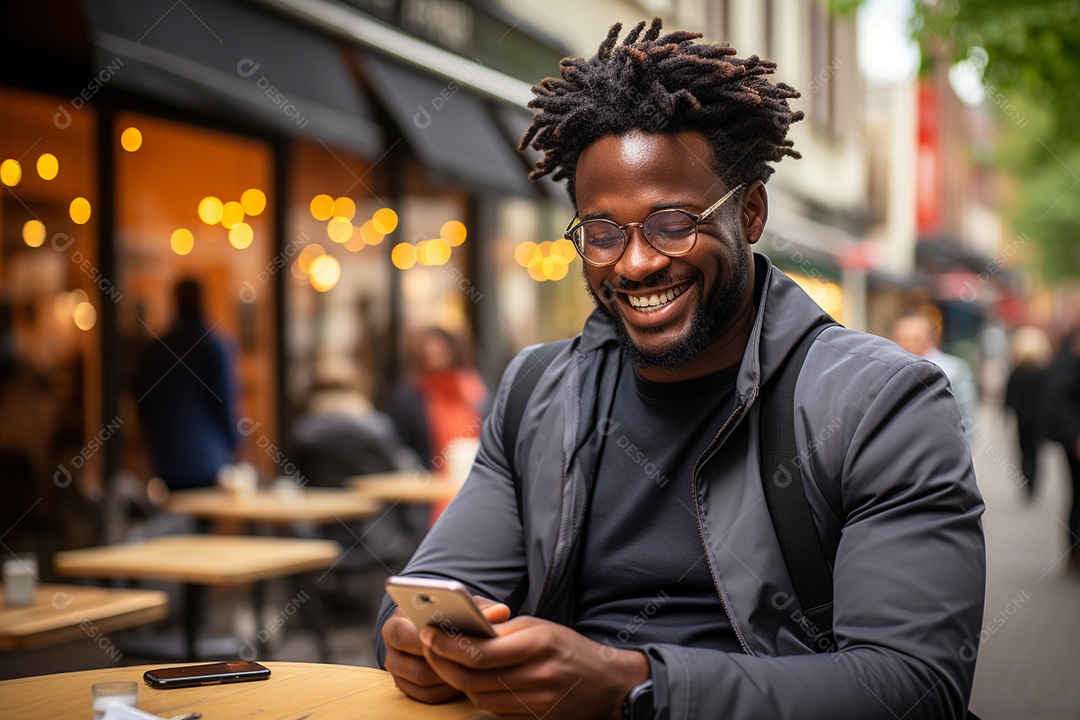 Lindo um homem de negócios negro usando seu smartphone do lado de fora