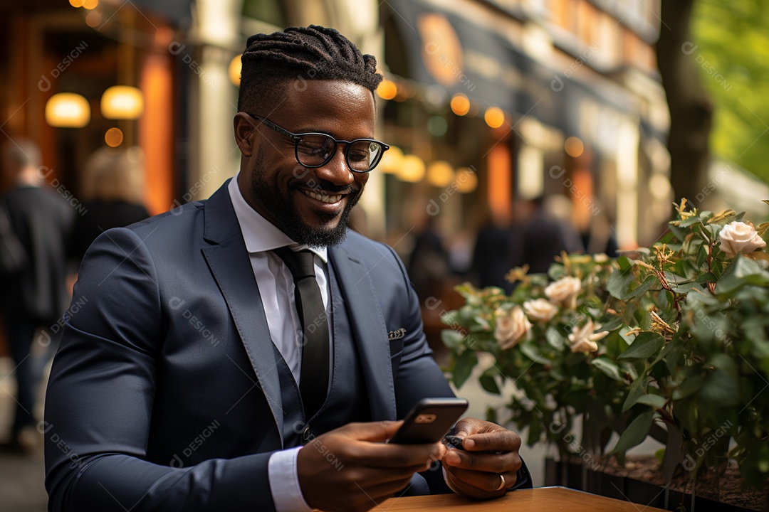 Lindo um homem de negócios negro usando seu smartphone do lado de fora