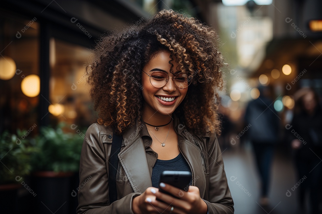 Linda mulher de negócios branco usando seu smartphone do lado de fora