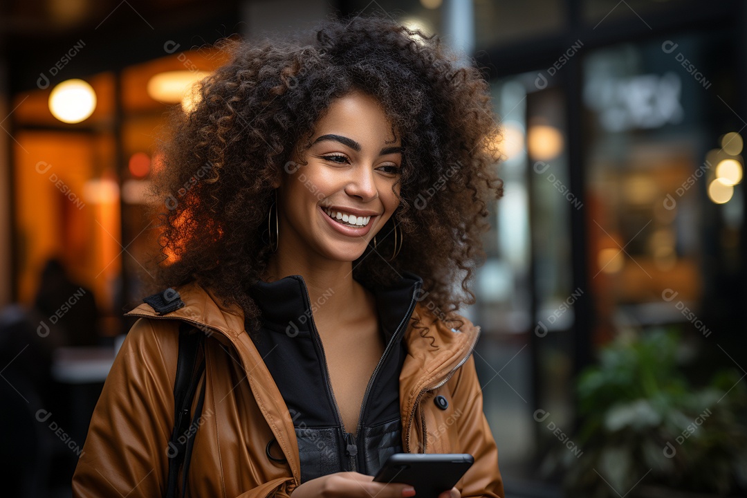 Linda mulher de negócios branco usando seu smartphone do lado de fora