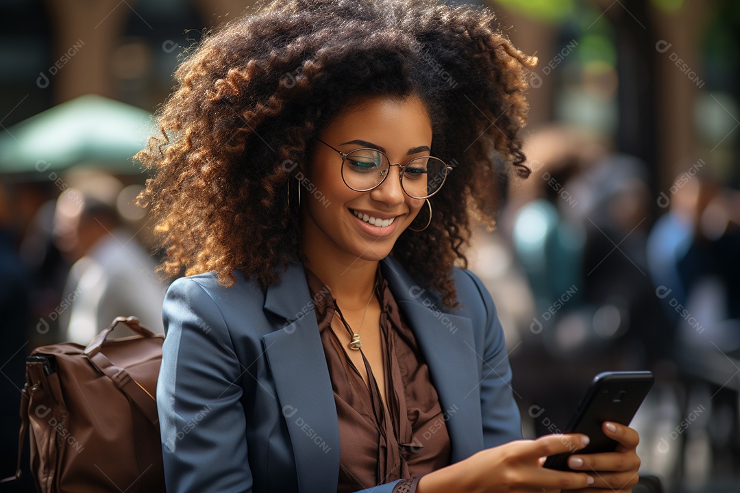 Linda mulher de negócios branco usando seu smartphone do lado de fora