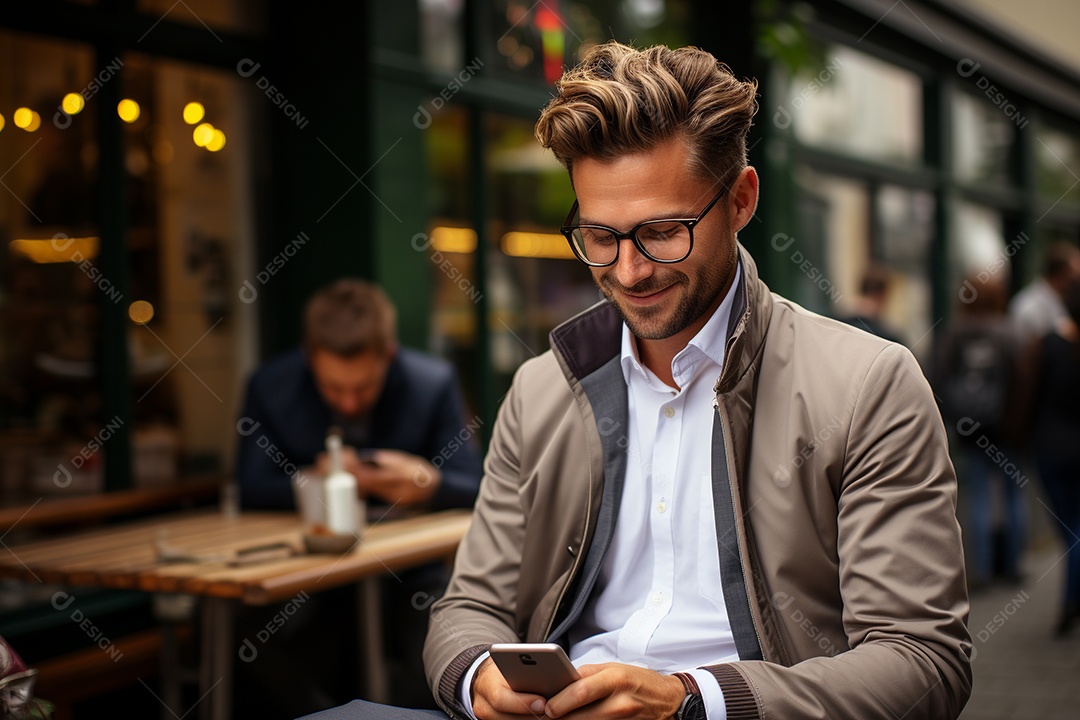 Lindo homem de negócios branco usando seu smartphone do lado de fora