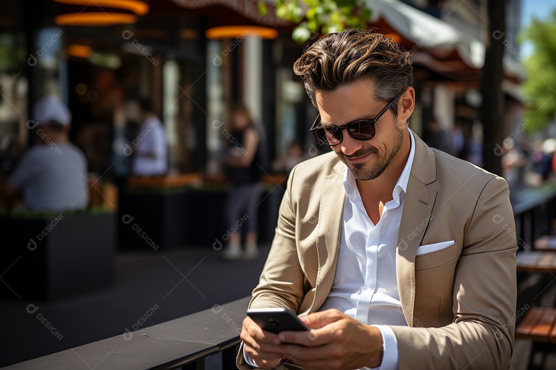 Lindo homem de negócios branco usando seu smartphone do lado de fora
