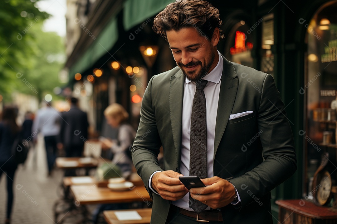 Lindo homem de negócios branco usando seu smartphone do lado de fora