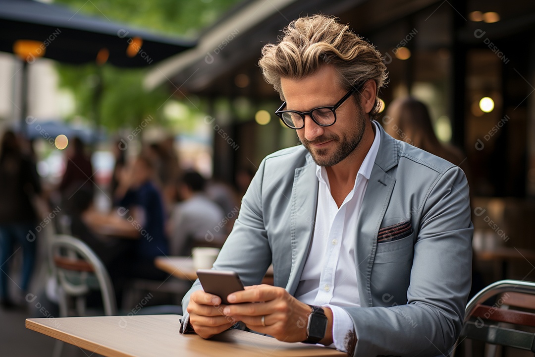 Lindo homem de negócios branco usando seu smartphone do lado de fora