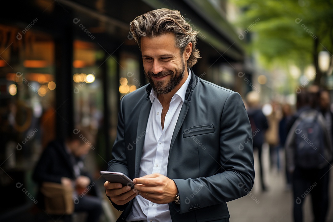 Lindo homem de negócios branco usando seu smartphone do lado de fora