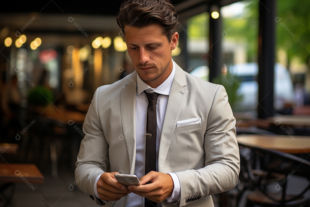 Lindo homem de negócios branco usando seu smartphone do lado de fora