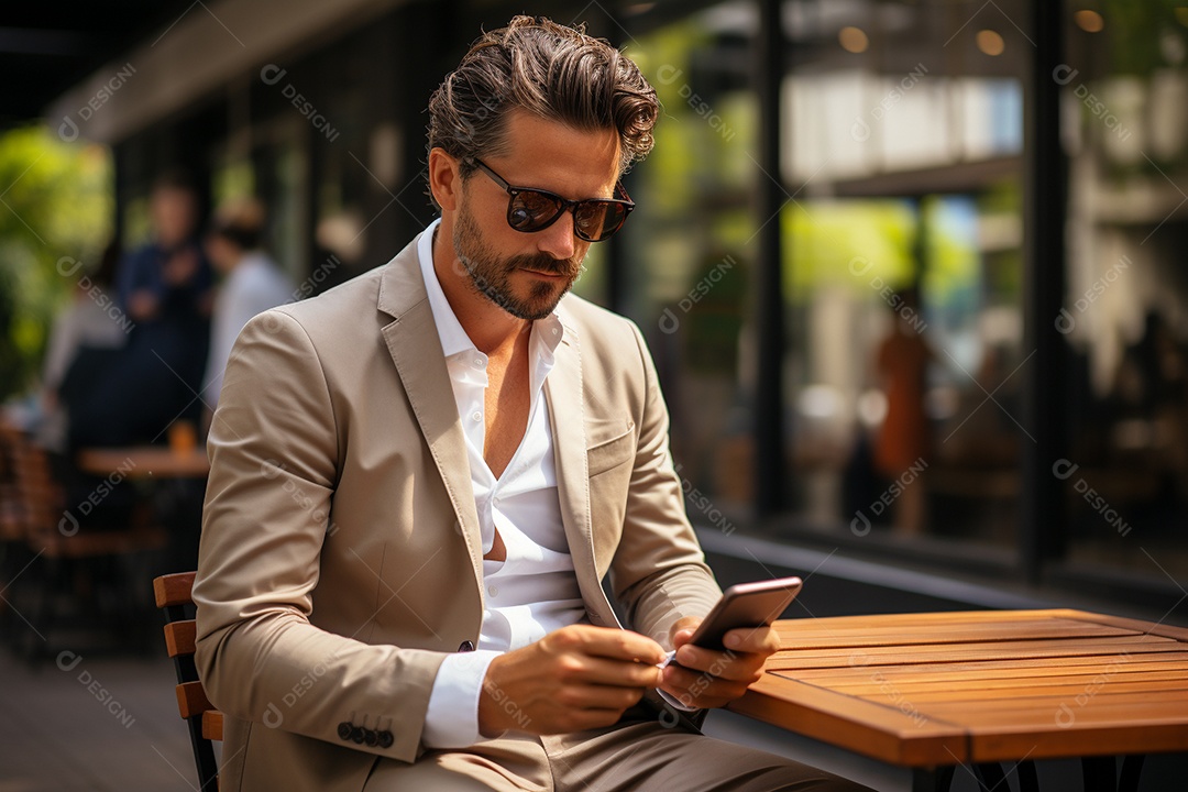 Lindo homem de negócios branco usando seu smartphone do lado de fora