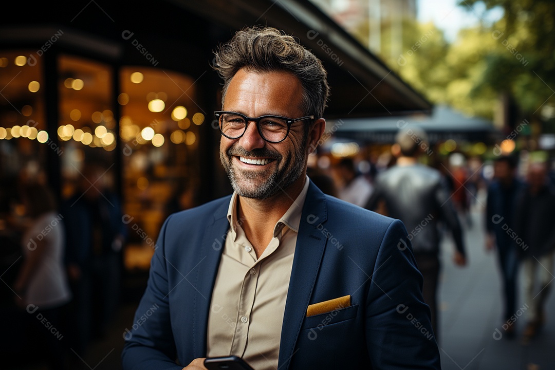 Lindo homem de negócios branco usando seu smartphone do lado de fora