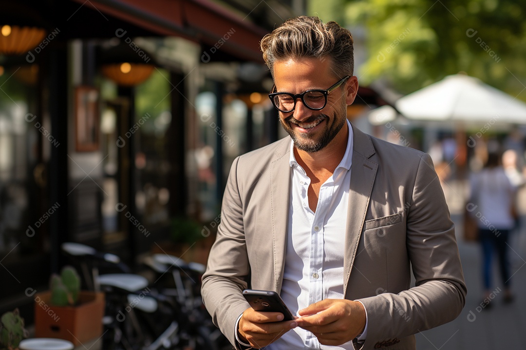 Lindo homem de negócios branco usando seu smartphone do lado de fora