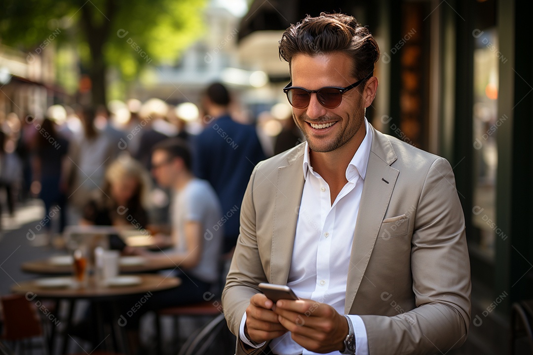 Lindo homem de negócios branco usando seu smartphone do lado de fora