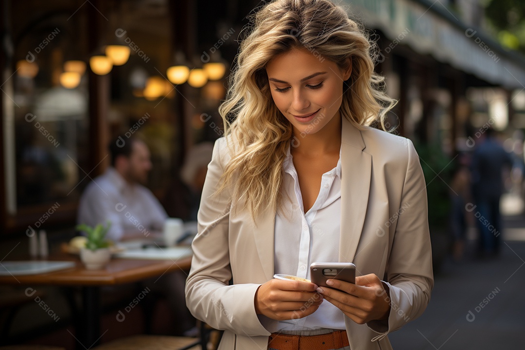 Linda uma mulher de negócios branca usando seu smartphone lá fora