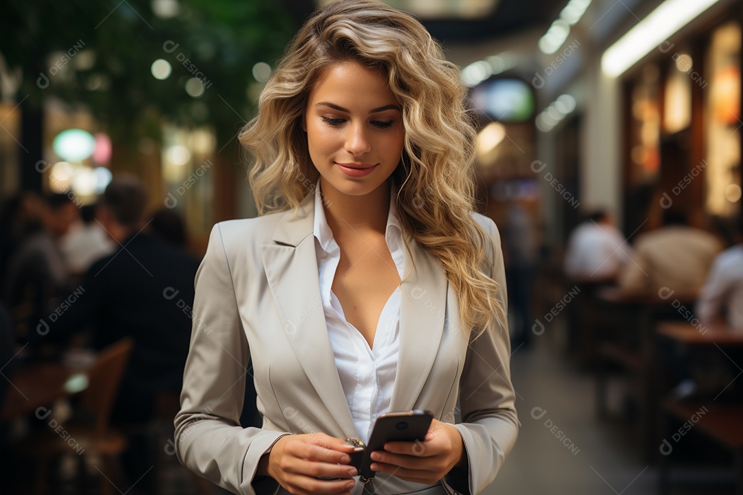 Linda uma mulher de negócios branca usando seu smartphone lá fora