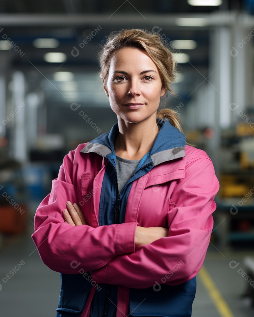 Trabalhadora de fabricação de mulher branca em instalações com braços cruzados