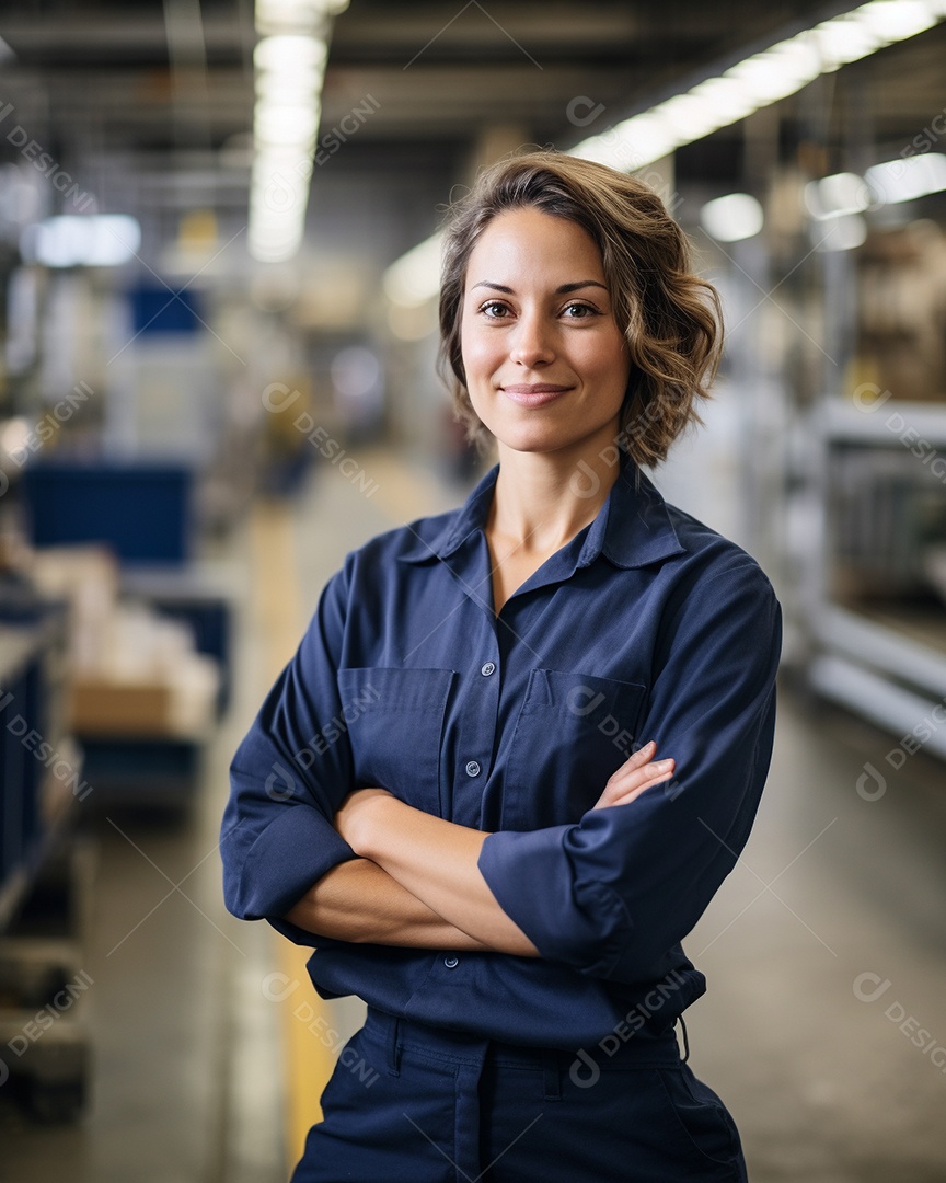 Trabalhadora de fabricação de mulher branca em instalações com braços cruzados