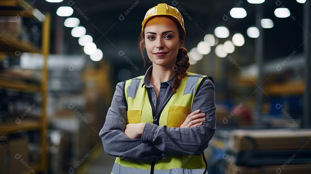 Trabalhadora de fabricação de mulher branca em instalações com braços cruzados