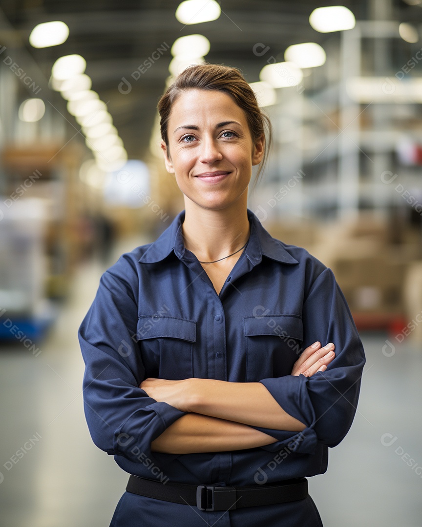 Trabalhadora de fabricação de mulher branca em instalações com braços cruzados