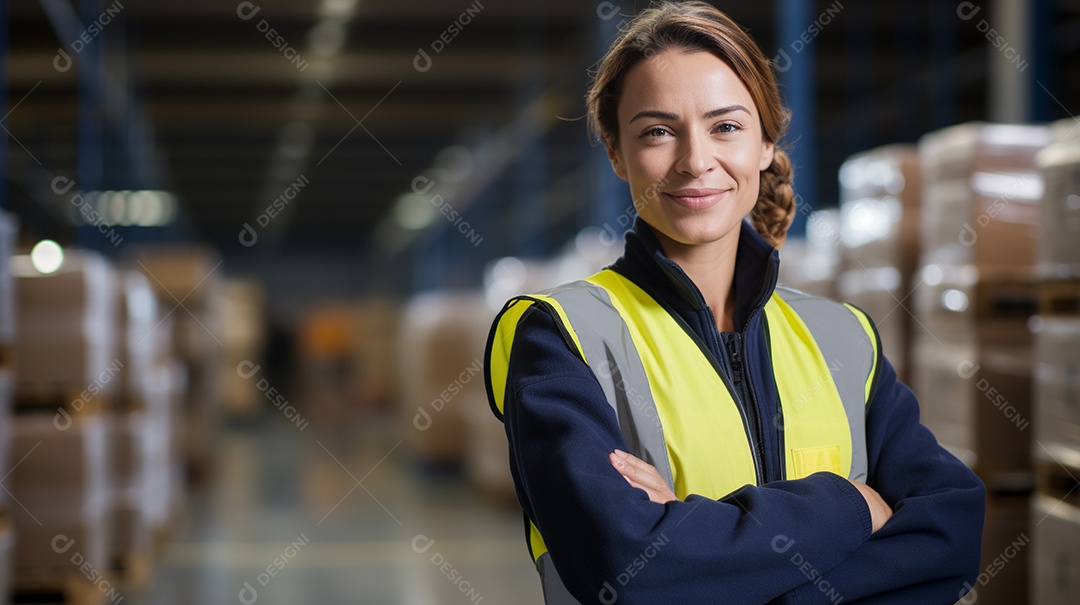 Trabalhadora de fabricação de mulher branca em instalações com braços cruzados