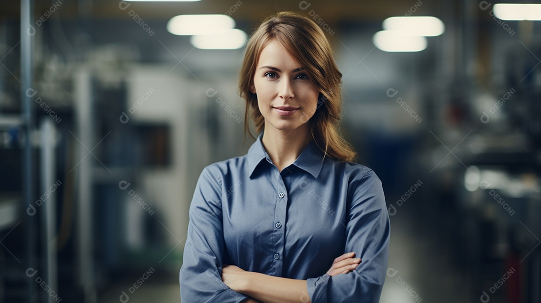 Trabalhadora de fabricação de mulher branca em instalações com braços cruzados