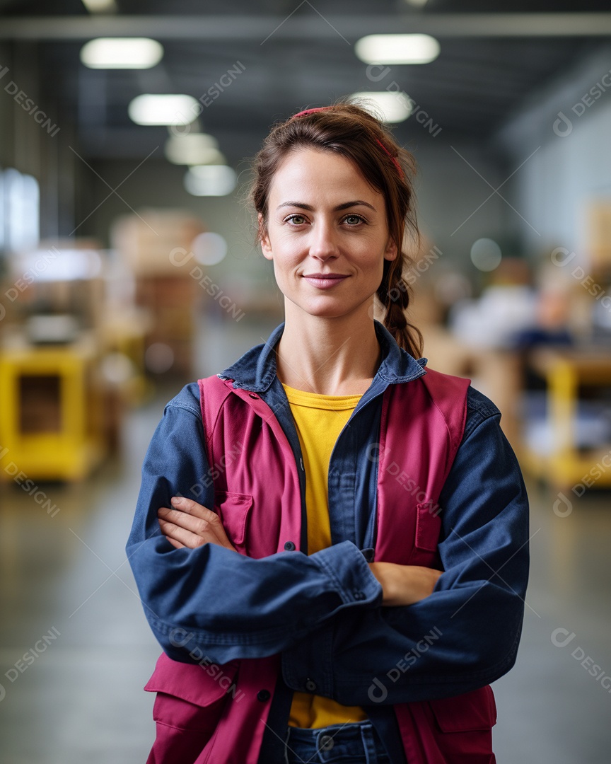 Trabalhadora de fabricação de mulher branca em instalações com braços cruzados