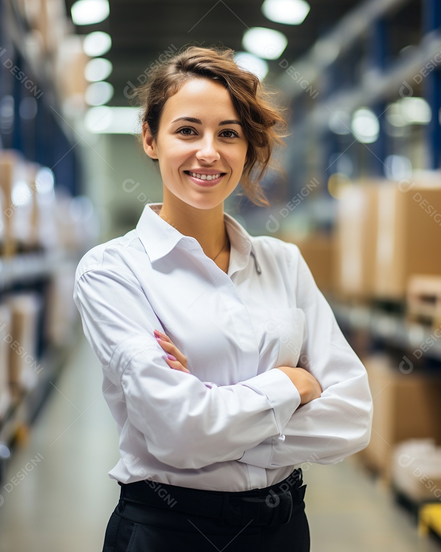 Trabalhadora de fabricação de mulher branca em instalações com braços cruzados