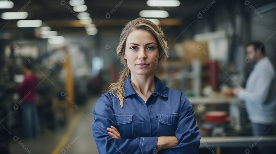 Trabalhadora de fabricação de mulher branca em uma instalação com os braços cruzados