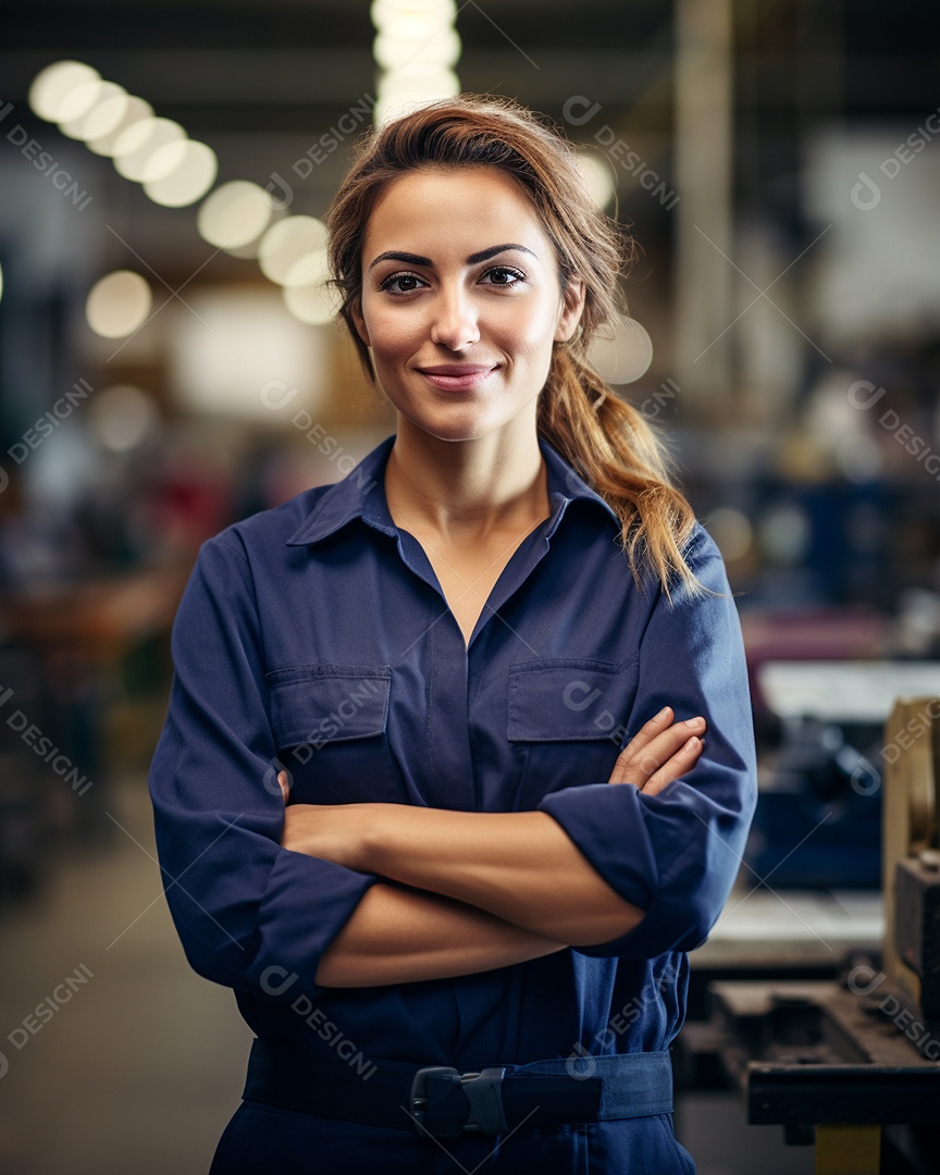 Trabalhadora de fabricação de mulher branca em uma instalação com os braços cruzados