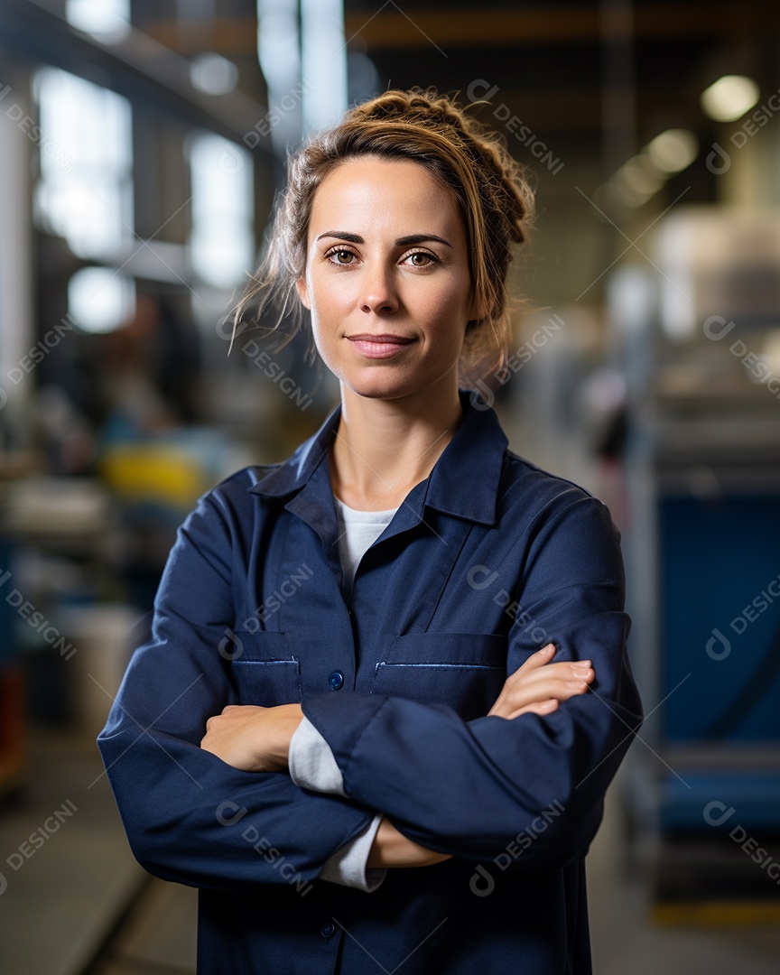 Trabalhadora de fabricação de mulher branca em uma instalação com os braços cruzados
