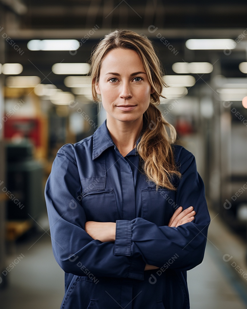 Trabalhadora de fabricação de mulher branca em uma instalação com os braços cruzados