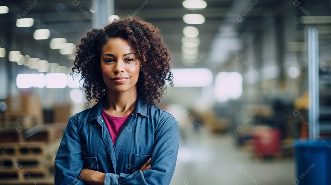 Trabalhadora de fabricação de mulher branca em uma instalação com os braços cruzados