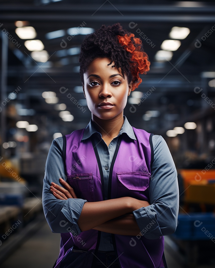 Trabalhadora de fabricação de mulher branca em uma instalação com os braços cruzados