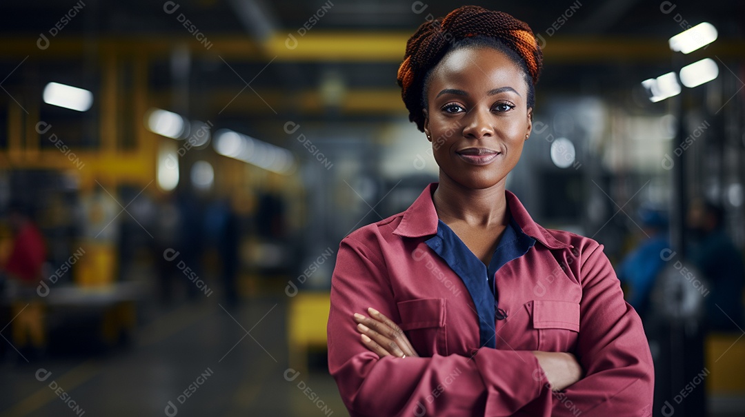 Trabalhadora de fabricação de mulher branca em uma instalação com os braços cruzados