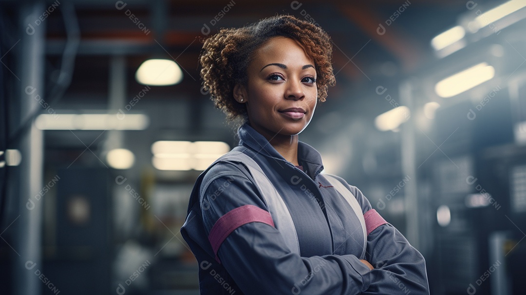 Trabalhadora de fabricação de mulher branca em uma instalação com os braços cruzados