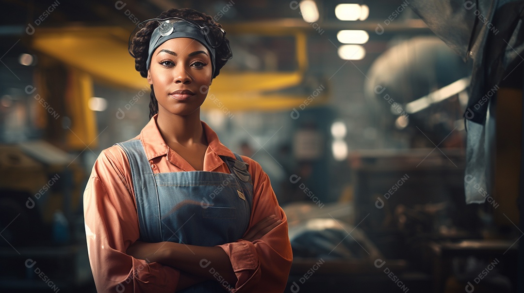 Trabalhadora de fabricação de mulher branca em uma instalação com os braços cruzados