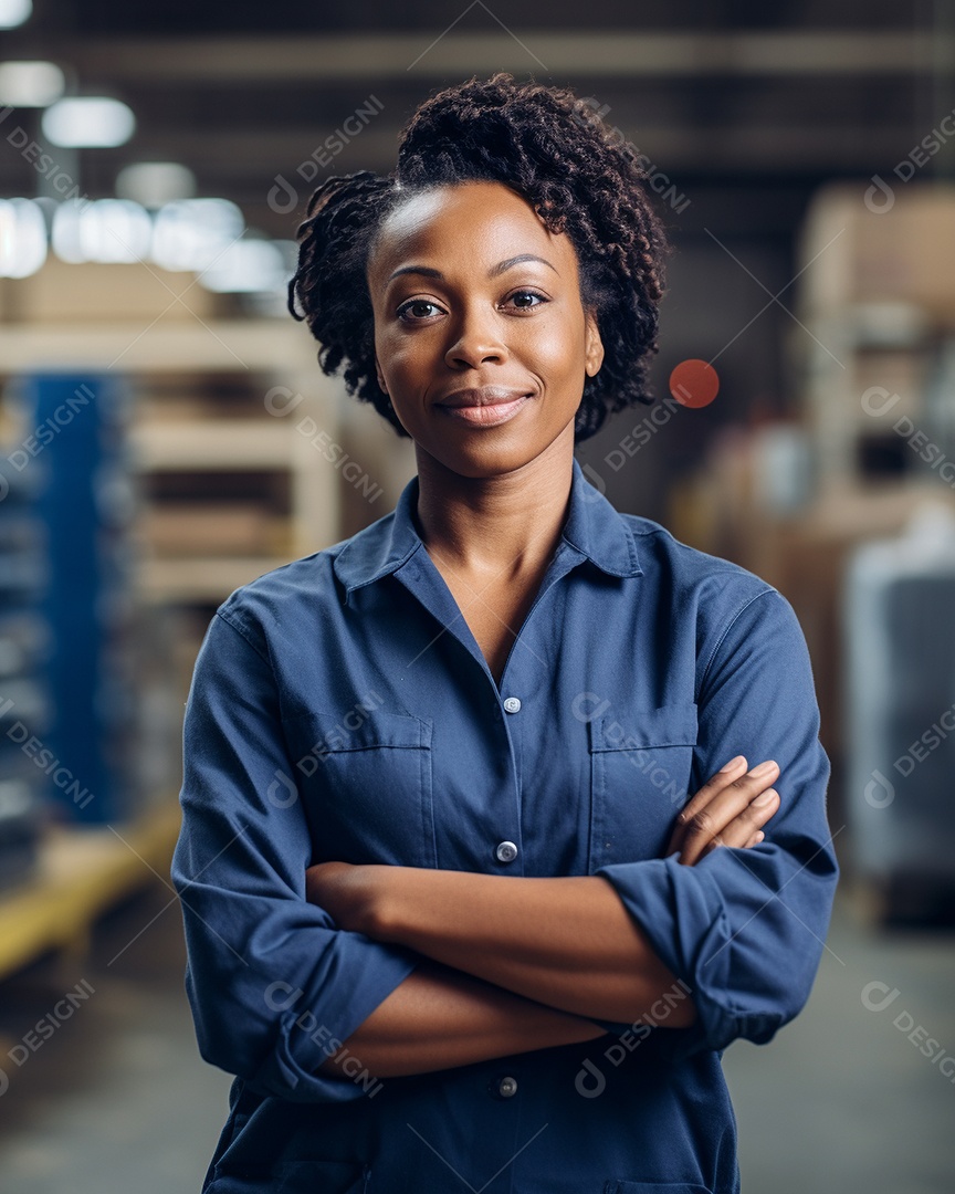 Trabalhadora de fabricação de mulher branca em uma instalação com os braços cruzados