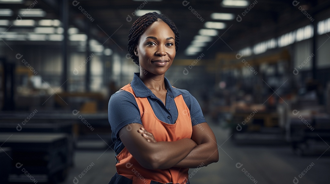 Trabalhadora de fabricação de mulher branca em uma instalação com os braços cruzados